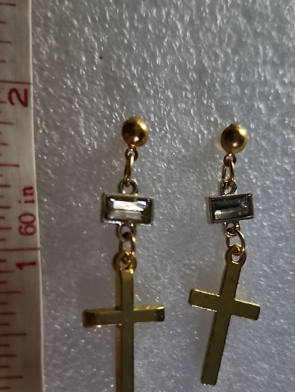 Hand Crafted Gold Cross Drop Earrings with Clear Stone